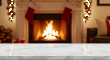 Empty marble top with blurred fireplace and christmas decoration background