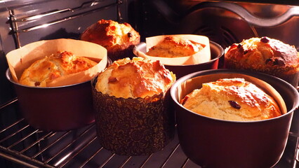 Happy Easter cakes has baked. Six kuliche are baked and taken out of the oven. Homemade Preparation for Easter, the end of Lent. Christian faith