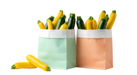 Fresh yellow zucchini and green glass bottles in reusable paper grocery bags with extra vegetables on the side, perfect for healthy shopping