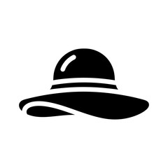Flat Black Wide-Brim Hat Vector Icon with White Details on White