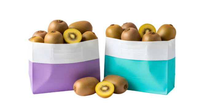 Fresh whole and sliced golden kiwi fruits in blue and purple paper bags isolated on white, healthy tropical fruit perfect for smoothies or snacks - Powered by Adobe