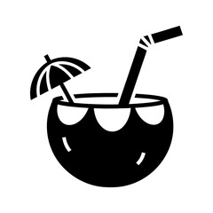 Black and White Coconut Drink Icon with Straw and Umbrella Vector