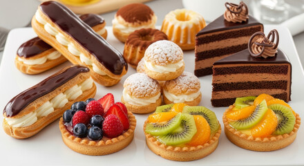 An exquisite assortment of delectable French pastries and chocolate cakes, including fruit tarts, eclairs, and cream puffs, elegantly presented.
