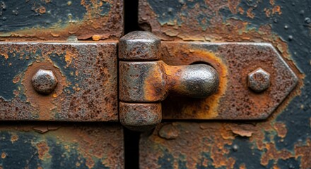 Close up of a rusty metal door hinge with peeling paint