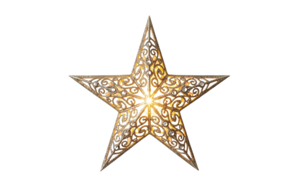 Sparkling golden ornate star symbol isolated on transparent background