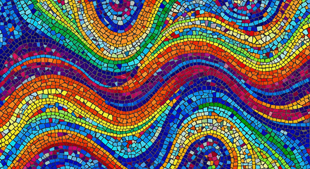 Vibrant wavy mosaic pattern with rainbow colors and abstract design
