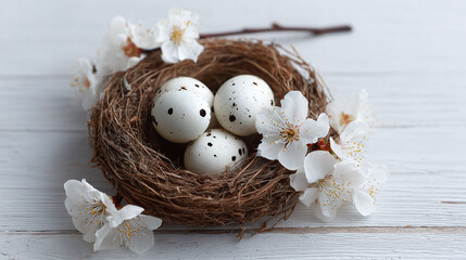 Speckled eggs nestled in a cozy birds nest, adorned with delicate white blossoms. Symbolizes springtime, new beginnings, and natures beauty. Ideal for Easter.