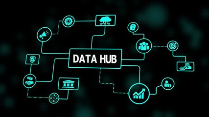 A data hub concept visualized with glowing network nodes connecting various digital icons to represent integration, centralization, and multi-source information flow. - Powered by Adobe