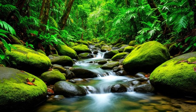 Rainforest stream flowing through a lush green tropical jungle, water softly cascading over moss covered river stones creating a serene, peaceful, and vibrant natural landscape
