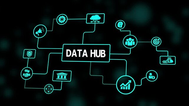A data hub concept visualized with glowing network nodes connecting various digital icons to represent integration, centralization, and multi-source information flow.