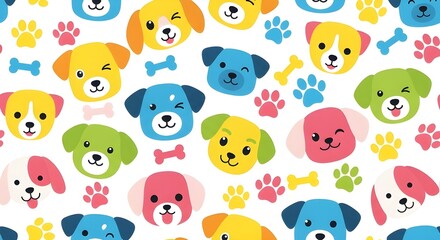 Naklejka premium Cute puppy faces pattern with colorful paw prints and bones, bright vivid colors, flat vector style, used for children’s clothing and pet products