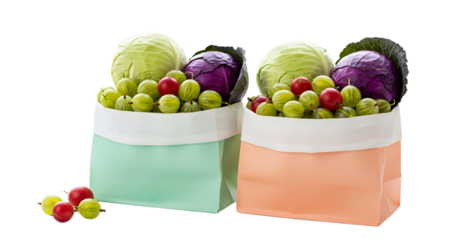 Fresh green and purple cabbages with green grapes in pastel-colored paper bags on white background, perfect for grocery shopping and healthy eating visuals