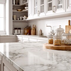Modern white kitchen with marble countertop and glass jars