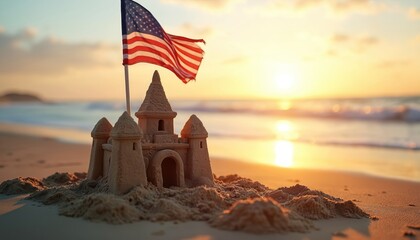 Sandcastle with American flag on beach at sunset. Ocean waves and golden light reflect on wet sand. Peaceful summer evening by the sea.