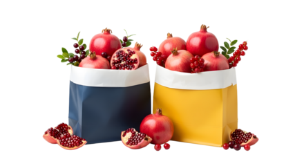 Fresh pomegranates in navy blue and yellow paper bags with pomegranate seeds scattered, healthy fruit snack concept perfect for health and food blogs