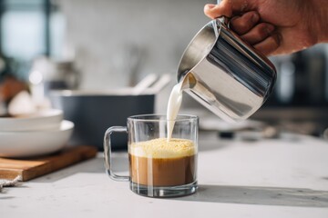 Pouring miso into steamed milk for a unique latte experience