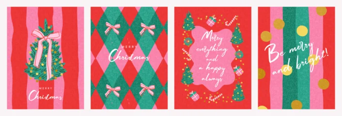 Fototapete Superhelden Merry Christmas and Happy New Year greeting card, banner, poster, cover templates. Modern bright Xmas design with beautiful doodle elements, Christmas tree, gifts, candy canes, golden confetti, bows.  © Tanya