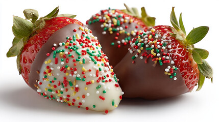 Sweet indulgence: three delicious strawberries dipped in white and dark chocolate with colorful sprinkles