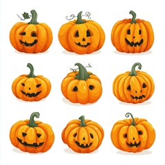 Cute Halloween Pumpkins with Various Carved Faces for Festive Decorations and Designs