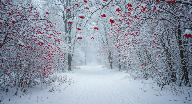 Snowy Path Lined With Red Berries and Bare Trees Keywords: winter, snow, path, trees, red