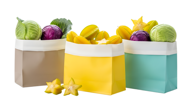 Fresh vegetables in colorful paper bags including bananas, purple and green cabbages, and starfruit, perfect for eco-friendly grocery shopping