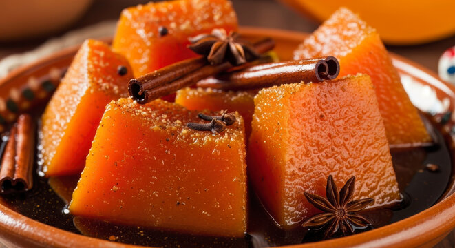 Authentic Mexican Calabaza en Tacha Spiced candied pumpkin, slow-cooked with piloncillo, cinnamon, and star anise, served in a rustic earthenware dish.