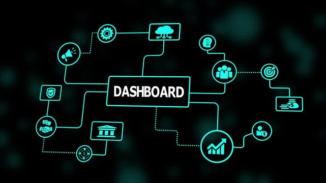 Business dashboard concept with digital network icons, illustrating analytics, performance metrics, workflow, and corporate data visualization