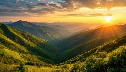 Lush green mountains and a deep valley bathed in golden hour light, sunbeams piercing a clear blue sky for a tranquil, panoramic wilderness view at sunset