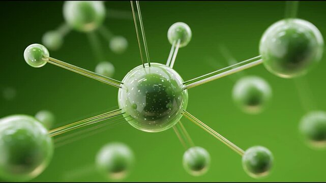 A digital illustration of molecular structures with green and translucent spheres representing atoms connected by thin lines in a vibrant green background.
