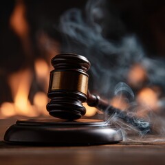 A wooden gavel rests on its base with smoke and fire in the background