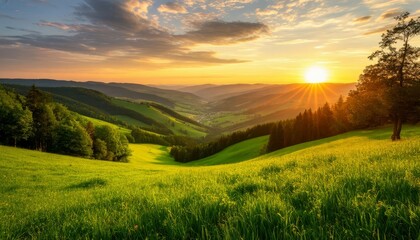 Golden sun setting over lush green rolling hills and mountain valleys, creating radiant light rays and warm glowing skies, natural summer landscape panorama