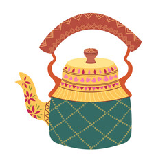Traditional Indian teapot, decorated kettle with oriental patterns. Vector flat element