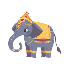 Indian elephant. Cute elephant in traditional Indian jewelry and with carpet, oriental symbol, figurine. Vector cartoon illustration