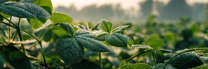 Dew drops on green leaves in a field at sunrise
