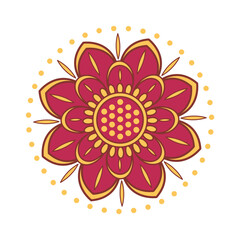 Indian floral pattern, symmetrical mandala flower in red and gold. Hand drawn vector illustration, traditional Indian ornament