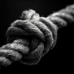 Closeup of a thick, textured rope tied in a secure knot against a dark background