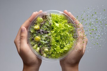 Hands holding container with fresh salad and floating plastic microbeads showing contamination risk
