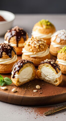 Delicious cream puffs, elegantly arranged on a wooden board, featuring chocolate drizzle, creamy fillings, and various nut toppings.