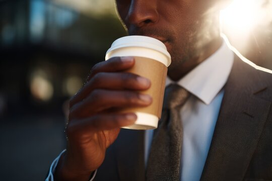 Businessman in suit drinking coffee outdoors in morning sunlight, representing calm and balance.