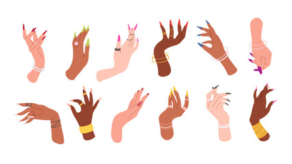 Set of hands and nails polish. Vector illustrations for nail studio, beauty studio with manicured hands. Self-care, gel polish