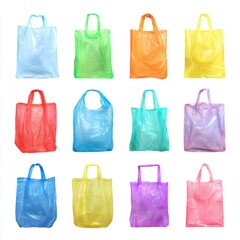 Collection of colorful plastic shopping bags isolated on white background
