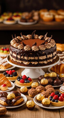 A luxurious display of chocolate opera cake, exquisite pastries, and gourmet desserts from a high-quality bakery, tempting all sweet cravings.