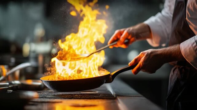 Culinary Inferno: A chef skillfully orchestrates a fiery display as flames erupt from a pan, igniting the air with culinary expertise and passion.