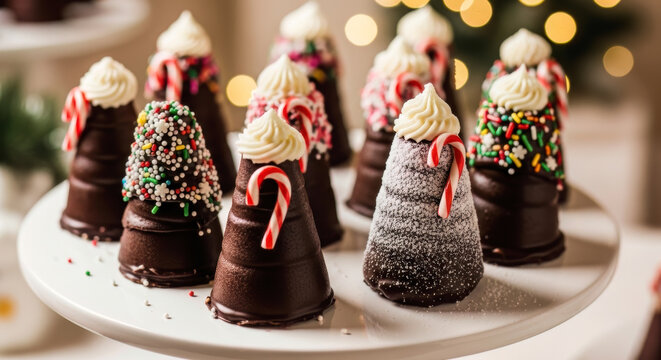 Assortment of festive chocolate cone cakes with creamy frosting, colorful sprinkles, and candy canes on a white dessert stand for holiday celebrations.