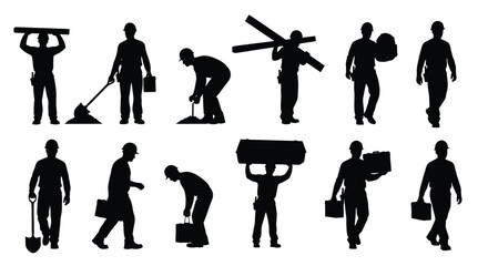 Silhouette of construction worker man with shovel, brick, and tools