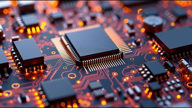 A close-up view of a circuit board featuring microchips and glowing elements, showcasing intricate electronic design and technology.