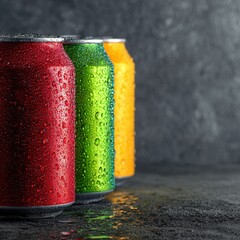 Three colorful soda cans with water droplets on a dark surface