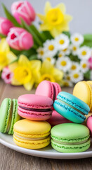 Obraz premium A delightful arrangement of colorful French macarons on a plate, set against a soft, vibrant backdrop of blooming spring flowers.