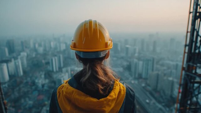 Visionary on High: A construction worker gazes upon a sprawling cityscape, symbolizing progress, determination, and urban development. The scene evokes a sense of perspective and aspiration.