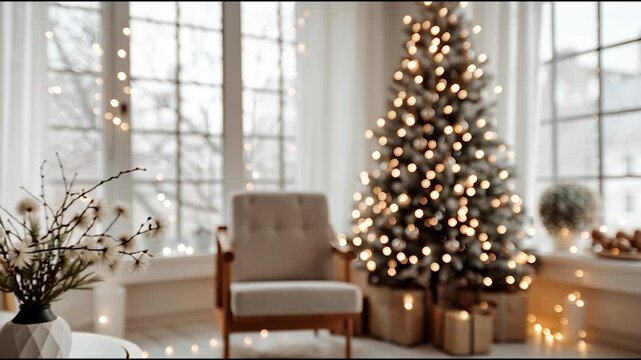 A cozy living room decorated for Christmas with a beautifully lit tree and warm ambiance.